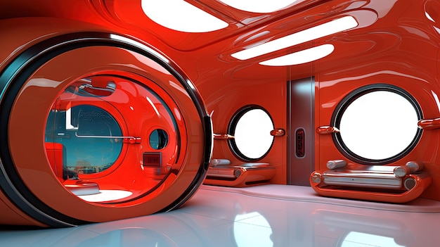 Raumschiff- oder Laborinterieur im retro-futuristischen Sci-Fi-Stil mit runden Türen