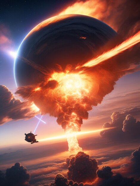Raumschiff schwebt über einer feurigen Explosion am Himmel