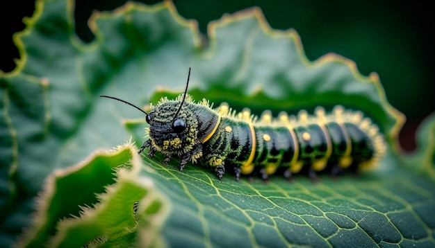 Raupe auf Gemüseblättern Schädlingsbekämpfung im Landwirtschaftskonzept Generative KI