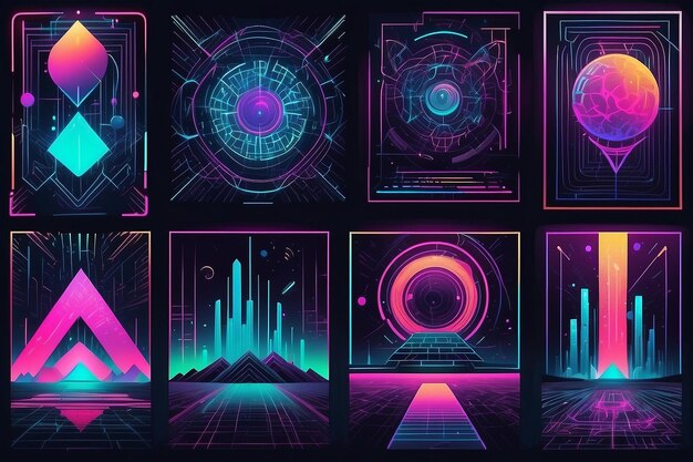 Rave psychedelisches Retro-Futuristisches Set Surrealistische geometrische Formen abstrakte Hintergründe