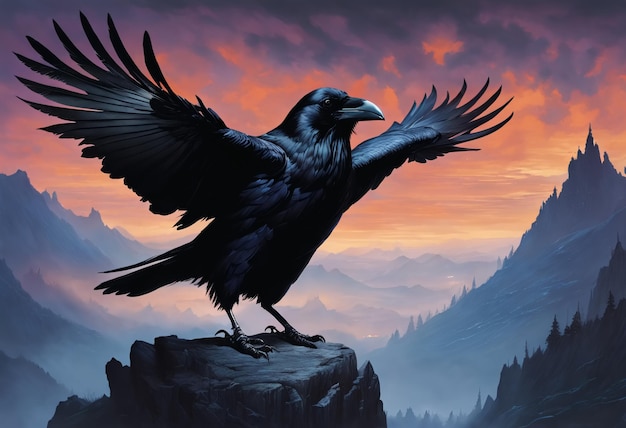 Raven sentado na rocha ao pôr do sol IA generativa