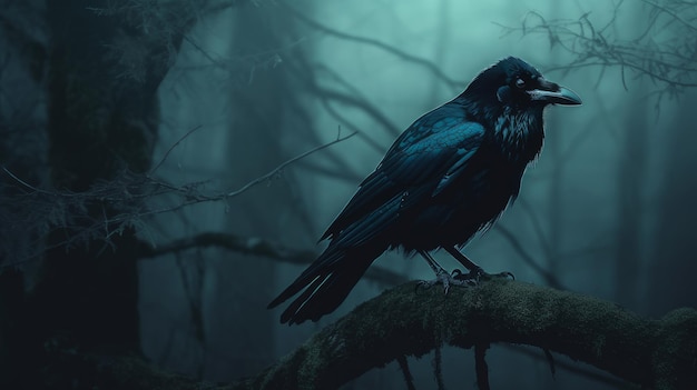 Raven se sienta en la rama de un árbol por la noche