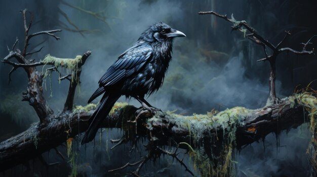 Raven se sienta en la rama de un árbol por la noche