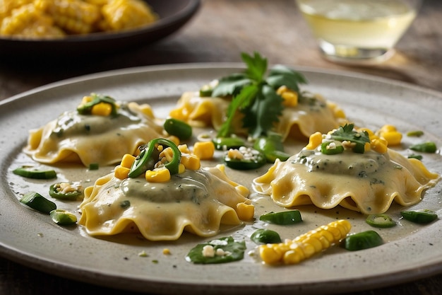 Foto ravioli com milho doce e molho de creme de poblano