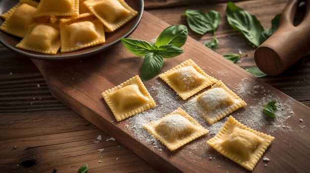 Ravioli cru com manjericão e farinha em mesa de madeira