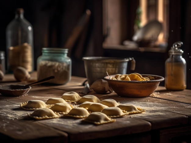 Ravioli em uma cozinha rústica Fotografia de comida