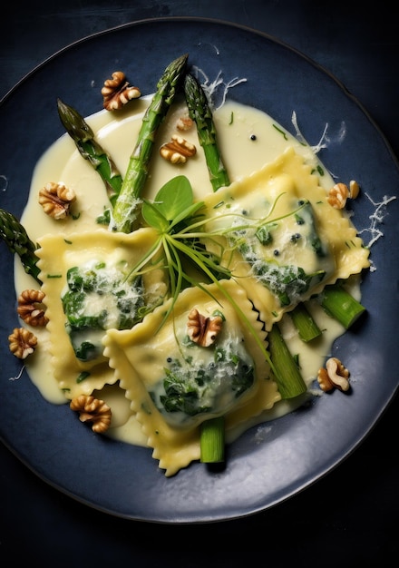 Foto ravioli de espárragos de primavera con nueces