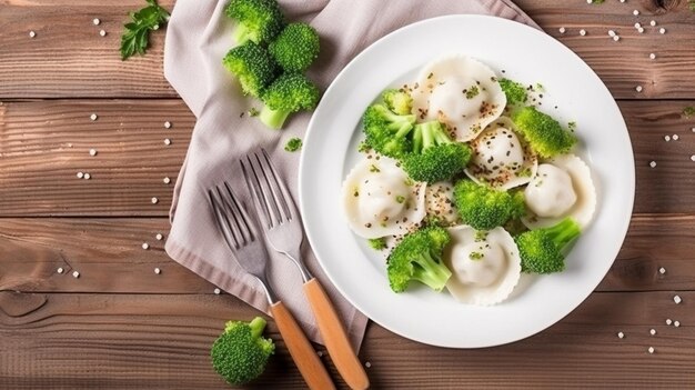 Ravioli italiano com queijo de cabra e brócolis