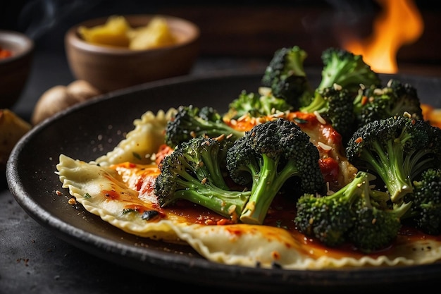 Ravioli con un lado de brócoli carbonizado