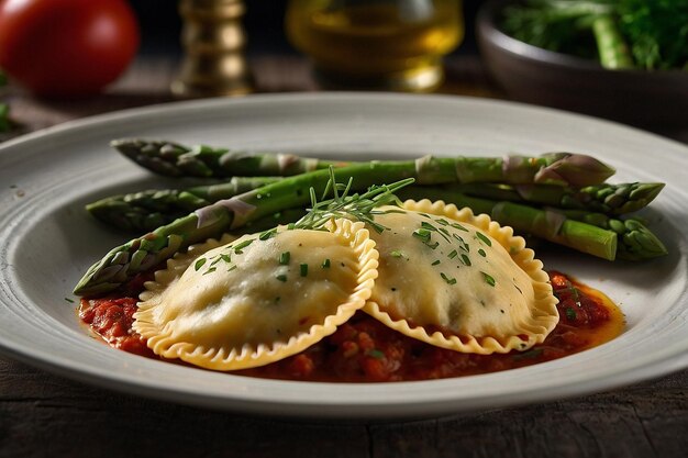 Foto ravioli con un lado de espárragos