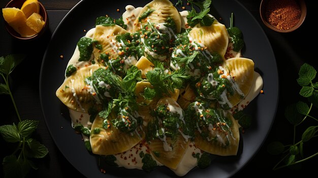 Ravioli relleno hecho a mano ricotta salsa de espinaca queso, etc.