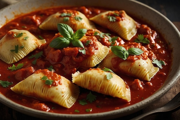 Foto ravioli en una salsa picante de arrabiata