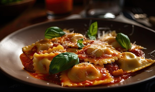 Ravioli con salsa de tomate Concepto de comida italiana IA generativa