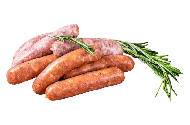 Raw Chorizo und Bratwurst Würstchen auf einem Metzgerfleischhacker Isolierter weißer Hintergrund