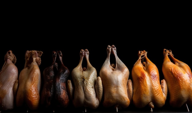 Raw en una fila frescos cadáveres de pollo de color en un fondo oscuro AI generado