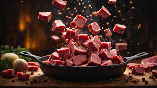 Foto raw meat pieces flying out of the pan