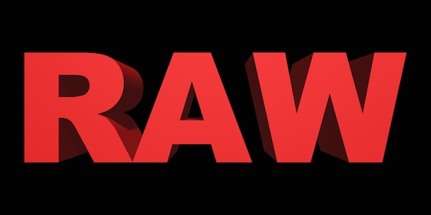 RAW roter 3D-Text auf schwarzem Hintergrund