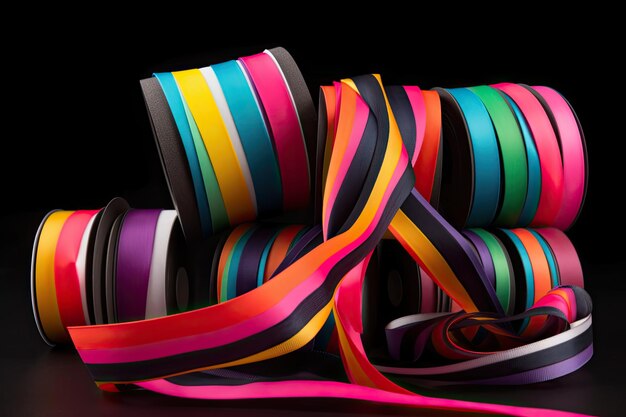 Rayas de cinta en negrita en una variedad de colores brillantes contra un fondo negro sólido