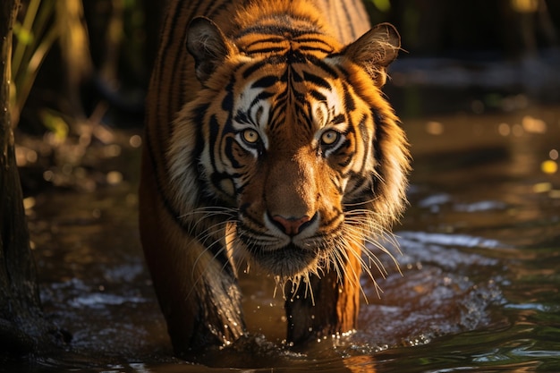Las rayas doradas del tigre de Bengala en Sundarbans