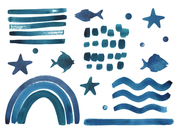 Rayas, estrellas del arco iris, peces, lunares y ondas, pinceladas en azul y turquesa. Ilustración acuarela dibujada en un estilo infantil. Conjunto de objetos aislados sobre un fondo blanco.