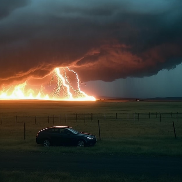 Un rayo cayó sobre un campo, la hierba se incendió, un automóvil está parado cerca en una noche de tormenta