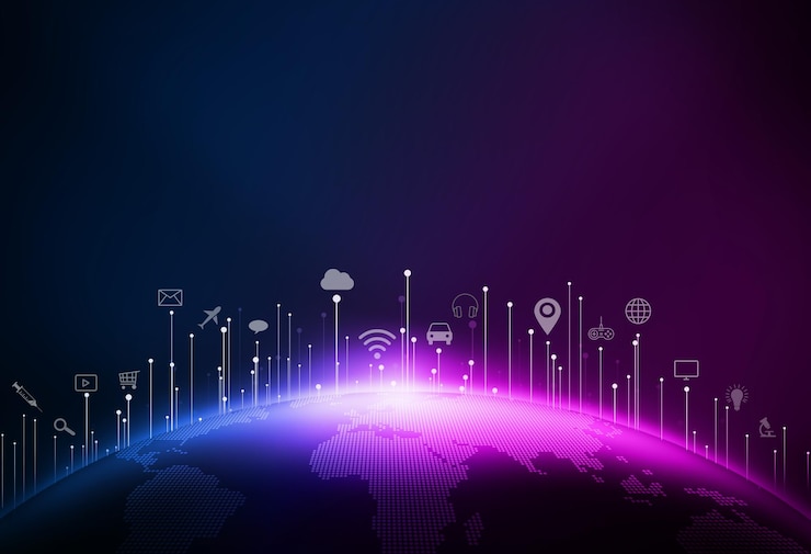 Foto rayo de enlace de línea de puntos alrededor del fondo de tecnología de internet de la tierra digital