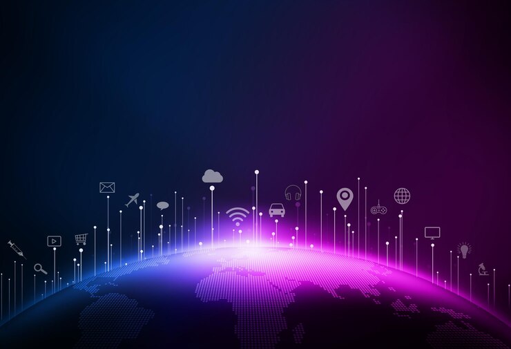 Foto rayo de enlace de línea de puntos alrededor del fondo de tecnología de internet de la tierra digital