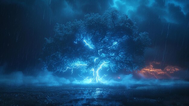 Foto el rayo golpea un árbol durante una tormenta