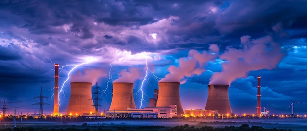 El rayo golpea las chimeneas de la central eléctrica en una tormenta que captura energía cruda