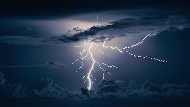 El rayo golpea el cielo nublado durante la noche