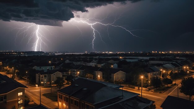 Foto el rayo golpea sobre un vecindario residencial