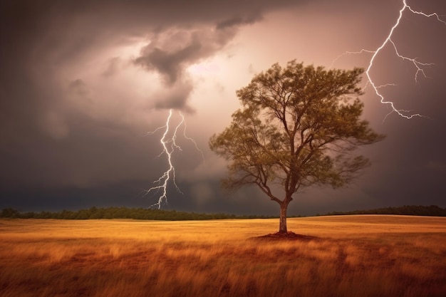 El rayo golpeando un árbol solitario en una tormenta creada con IA generativa