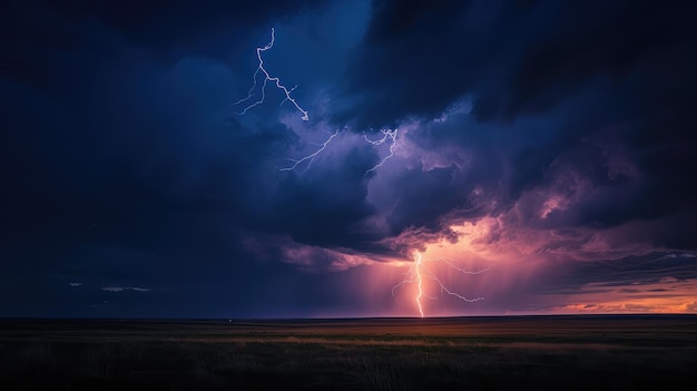 Un rayo en el horizonte durante una tormenta eléctrica en las praderas