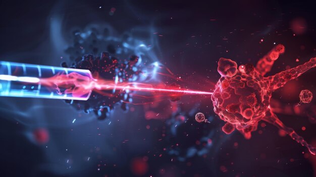 El rayo láser rojo se dirige a la célula del virus