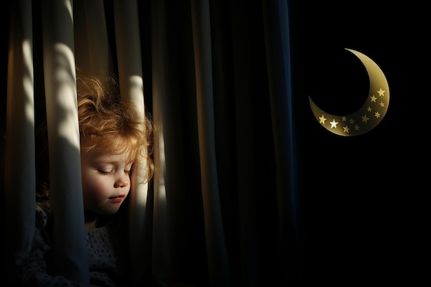 El rayo de luna brillando a través de una ventana sobre un niño dormido