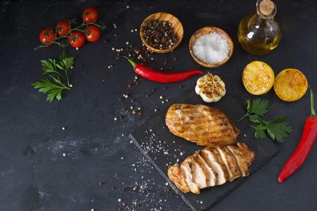 Rayo plano de filete de pollo cocido con verduras y condimentos de colores en superficie de madera