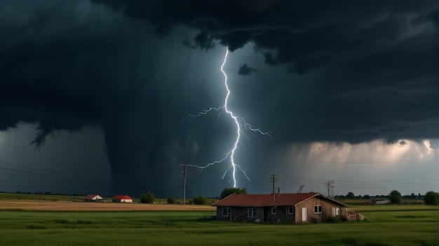 Foto un rayo se ve por encima de una casa en un área rural