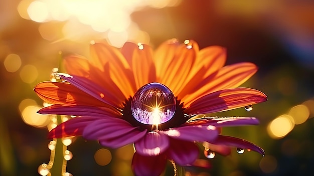 Los rayos del atardecer reflejados en una gota de rocío en la flor