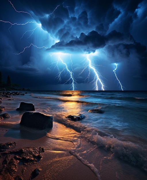 Foto los rayos caen sobre el océano y la playa por la noche.