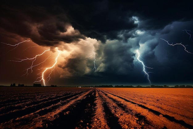 los rayos golpean sobre un campo por la noche