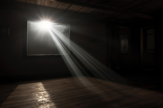 Foto los rayos de las linternas se cruzan en una habitación oscura.