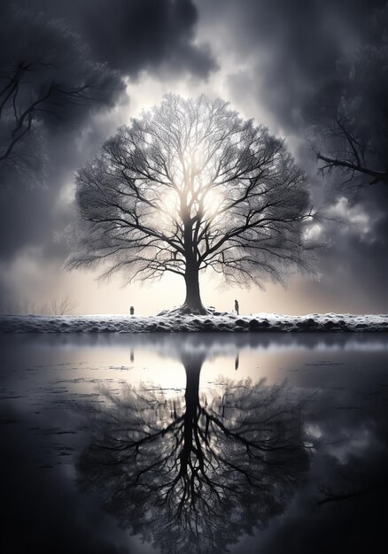 Rayos de luz en los árboles y el paisaje nevado aislados en la oscuridad en un entorno surrealista
