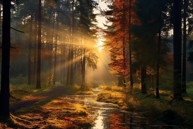 Rayos de luz brillan en una escena de bosque otoñal