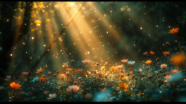 Rayos de luz brillando a través de los árboles e iluminando un campo de flores