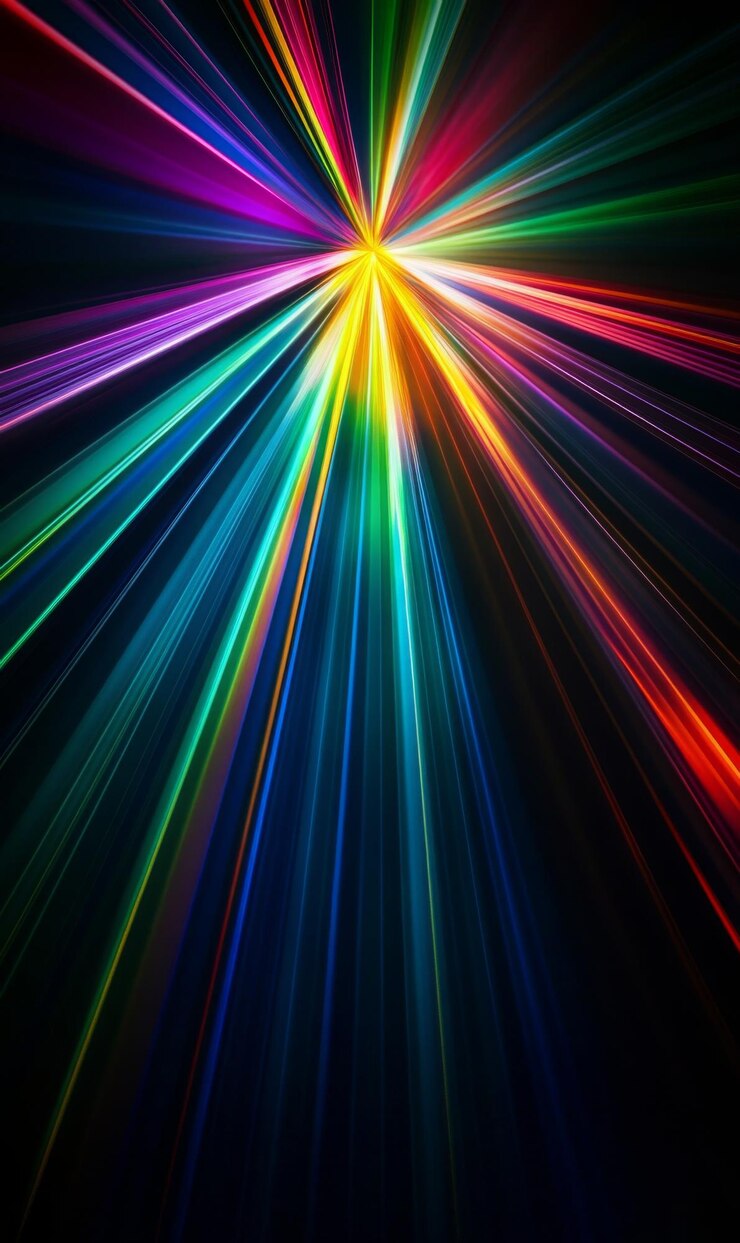 Rayos de luz brillantes y coloridos que fluyen a través de un fondo negro oscuro creando un efecto de superposición dinámico y vibrante
