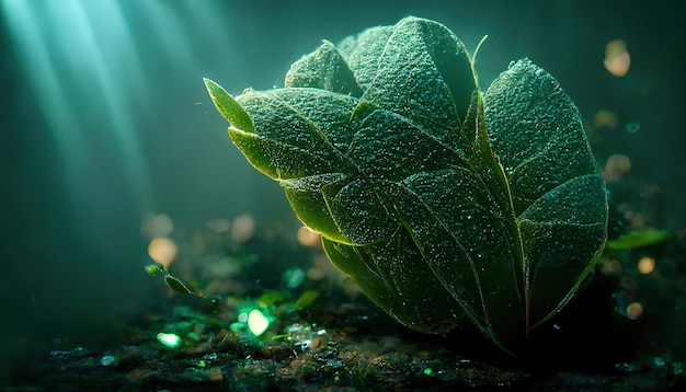 Los rayos de luz caen sobre el rocío en las hojas verdes de la representación 3D de la planta