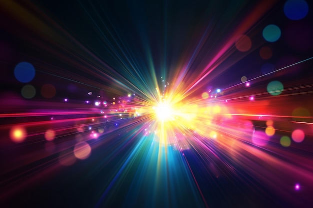 Los rayos de luz coloridos irradian desde un centro brillante creando una impresionante explosión visual en un fondo oscuro por la noche