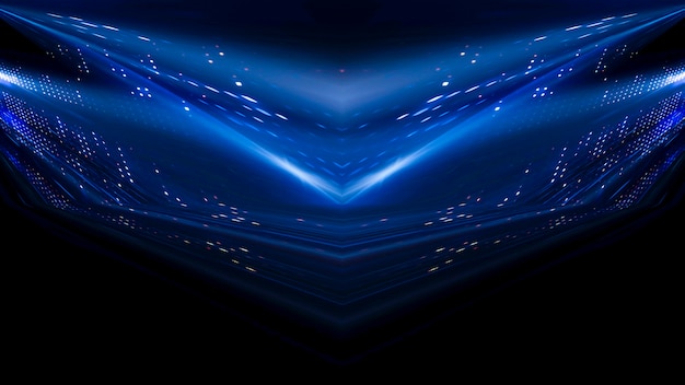 Los rayos de luz de neón azul se reflejan en el agua