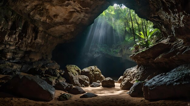 Los rayos de la luz del sol brillan a través de la apertura de una cueva oscura