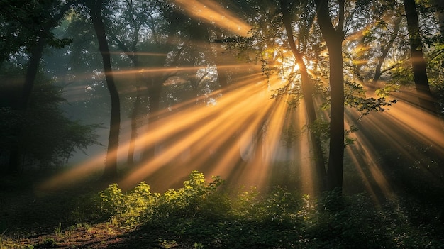 Los rayos de luz del sol matutino atravesando el árbol generados por ai